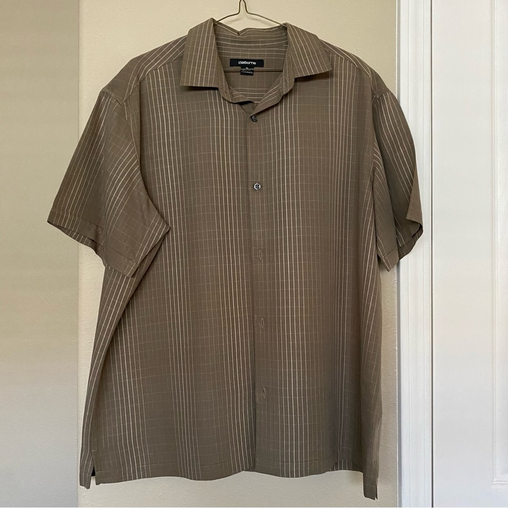 CLAIBORNE Brown White Short Sleeve Resort Wear Button Down Shirt